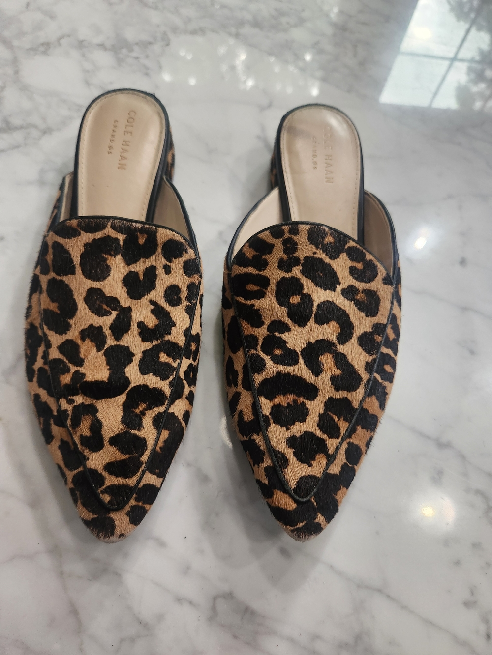 Cole Haan Leopard Print Hair Pointed-Toe Mules - Tan/Black, Good Condition.